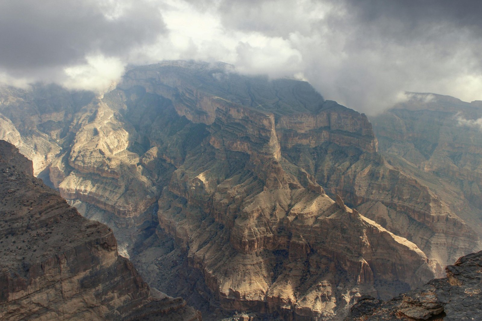 Majestic aerial view of Jabal Shams, Oman, showcasing stunning rugged mountain landscapes beneath dramatic clouds.